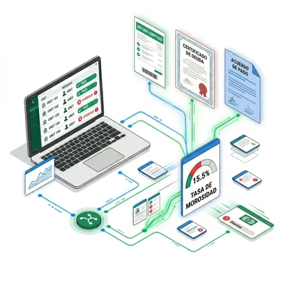 Dashboard de gastos comunes con estado de pagos, certificados de deuda y tasa de morosidad